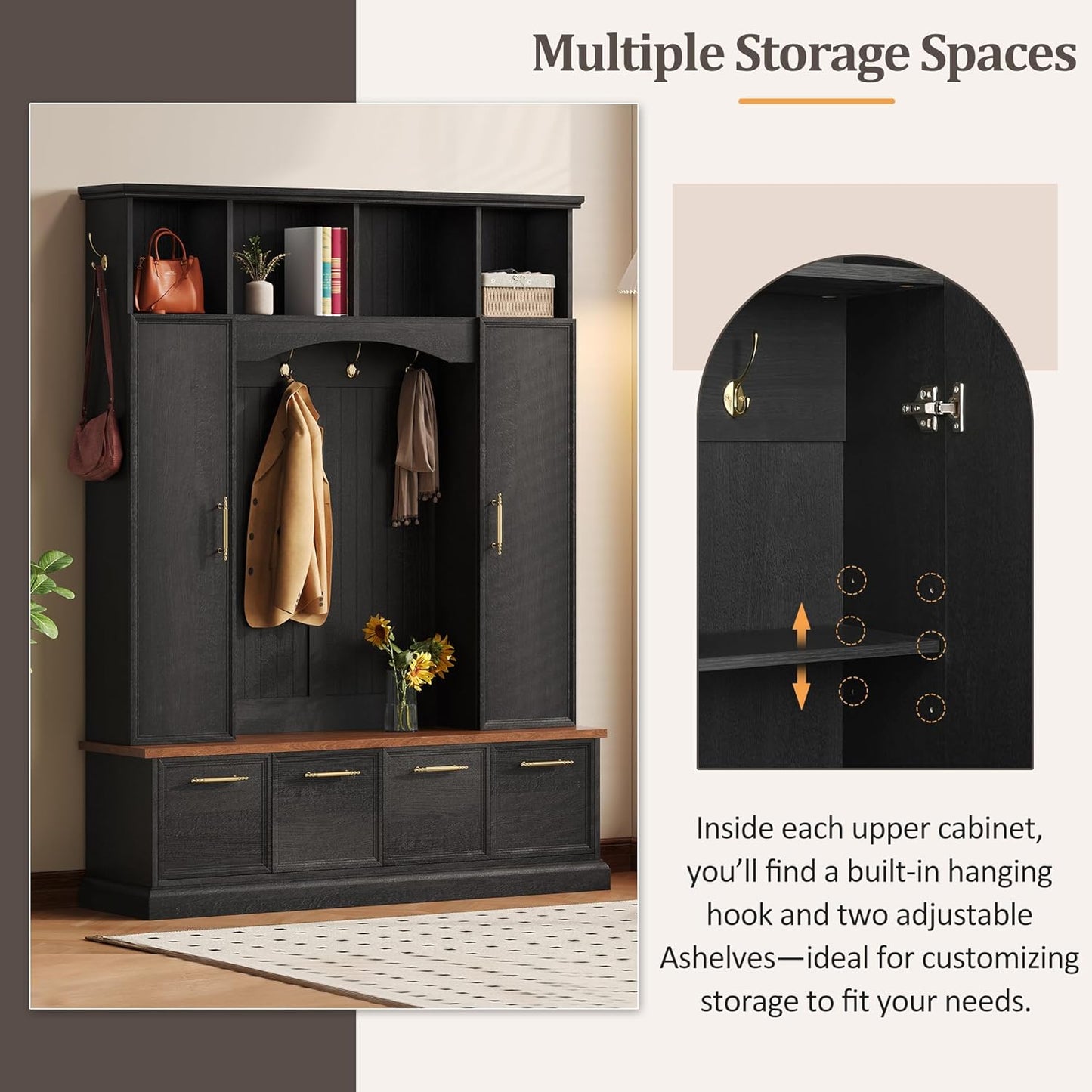 59" Farmhouse Hall Tree with Golden Hooks & Walnut Bench, Entryway Organizer with Adjustable Shelves, Shoe Storage, Anti-Tip for Mudroom, Living Room, Black