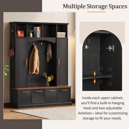 59" Farmhouse Hall Tree with Golden Hooks & Walnut Bench, Entryway Organizer with Adjustable Shelves, Shoe Storage, Anti-Tip for Mudroom, Living Room, Black
