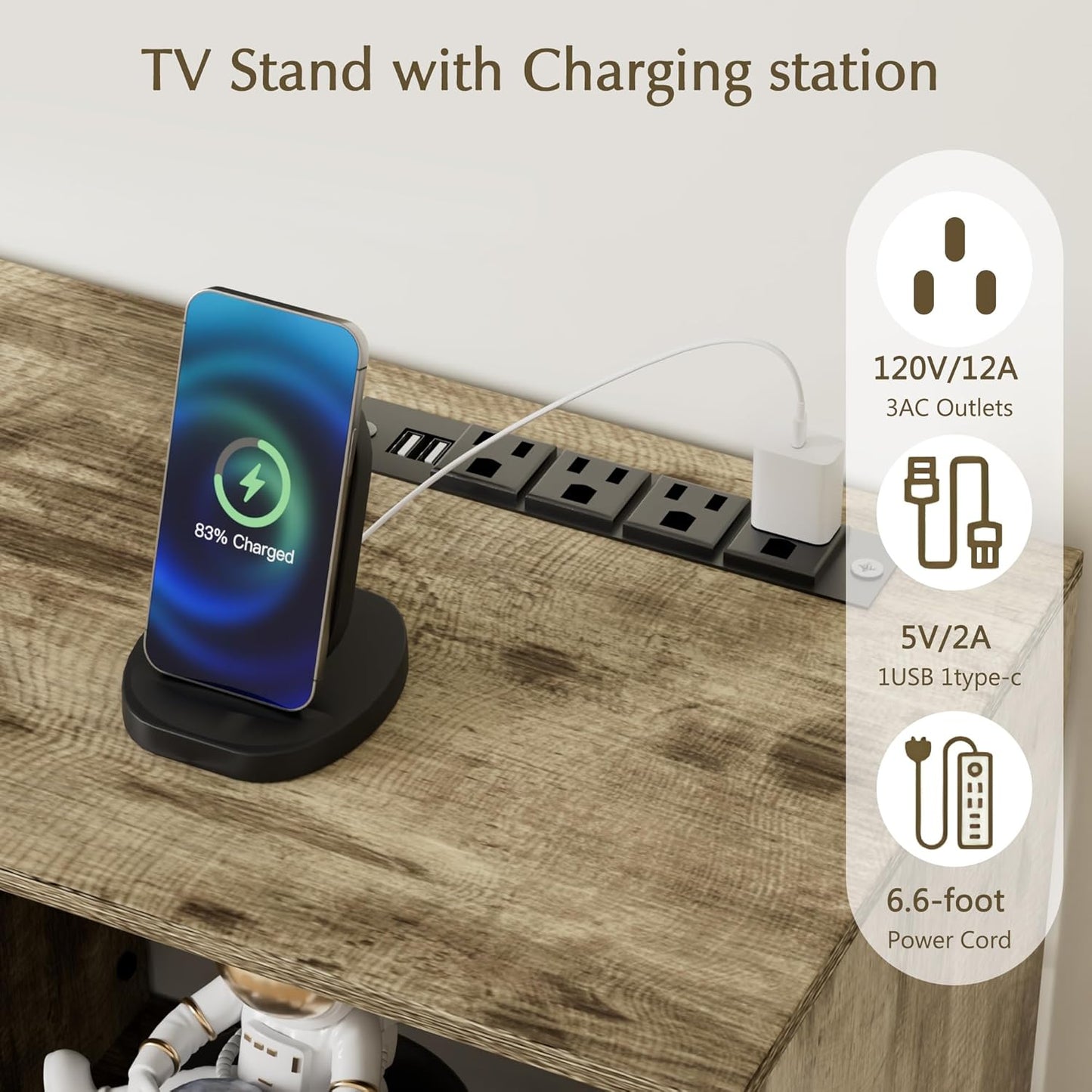 LED TV Stand for 65 Inch Entertainment Center with Power Outlets, Industrial Television Cabinet with 7 Open Storage Shelves, for Living Room and Bedroom, Light Brown, 65Inch