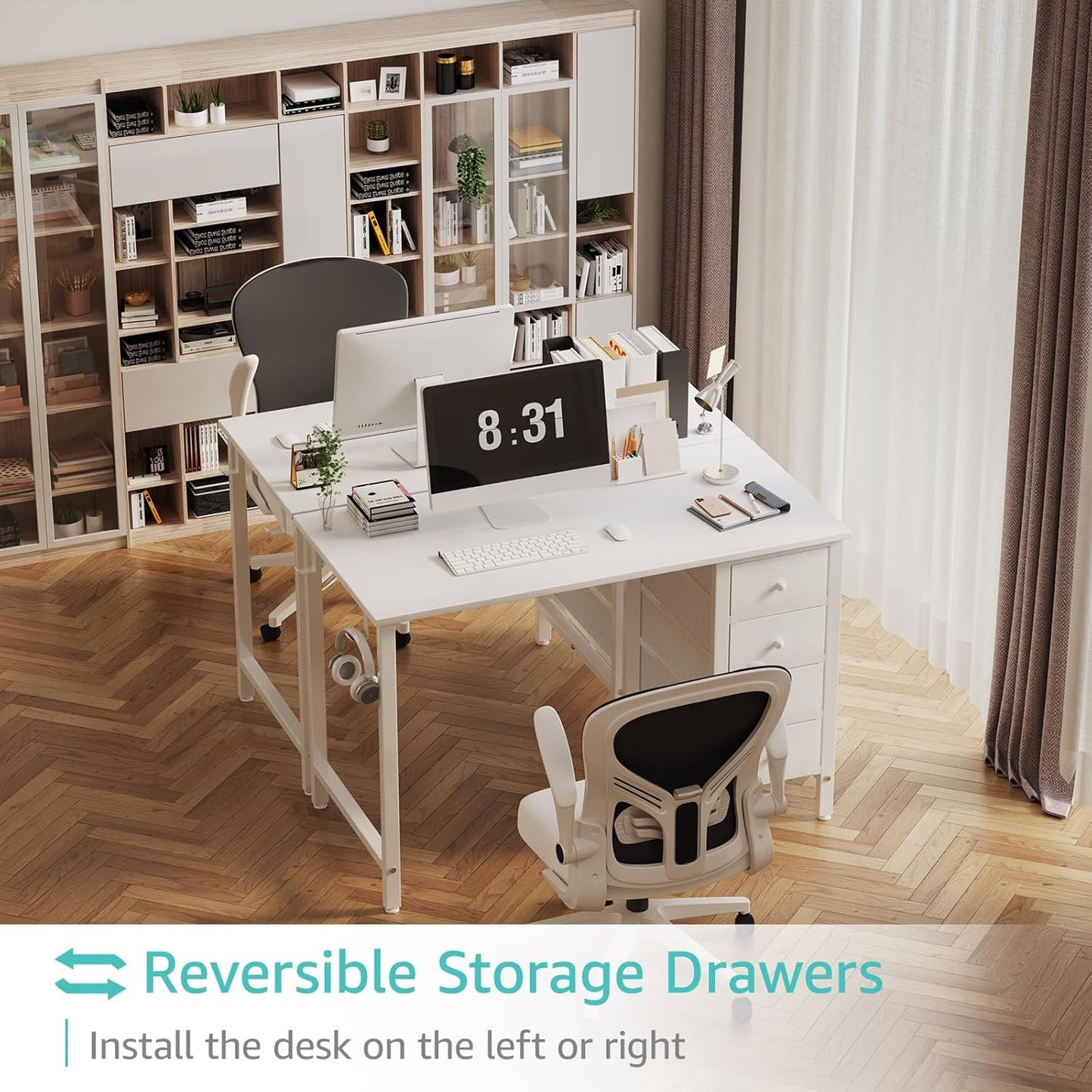 Small White Desk with Drawers for Bedroom, 40 Inch Kids Girls Study Desks, Reversible Computer Writing Nail Table with Fabric Drawer for Small Spaces Home Office Manicure