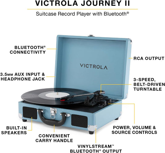 Journey II (2025 Model) – Bluetooth Suitcase Record Player – Built-In Stereo Speakers with Enhanced Bass, 3-Speed Turntable, Bluetooth Input and Output, RCA & Headphone Outputs (Turquoise)