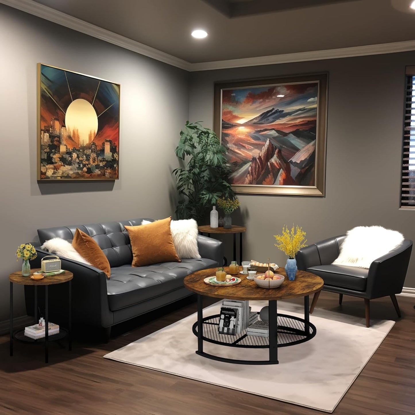 round Coffee Table and End Table Set of 3 with Storage, Modern Vintage Dark Brown Coffee Table and Side Table for Living Room, Office, Apartment, Small Space