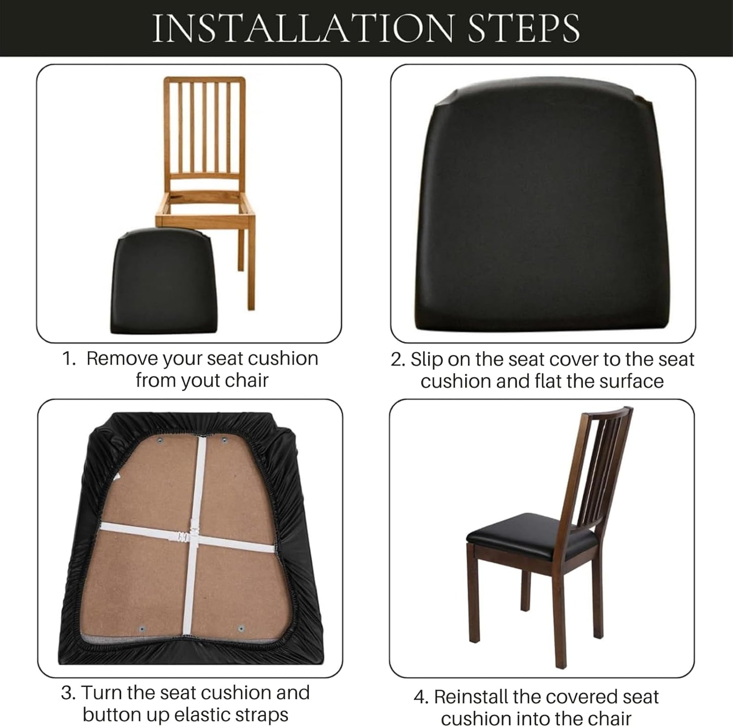 Waterproof PU Leather Seat Covers for Dining Chairs, 4 Pack Stretch Dining Room Chair Seat Covers, Kitchen Chair Seat Covers Protectors (Black)