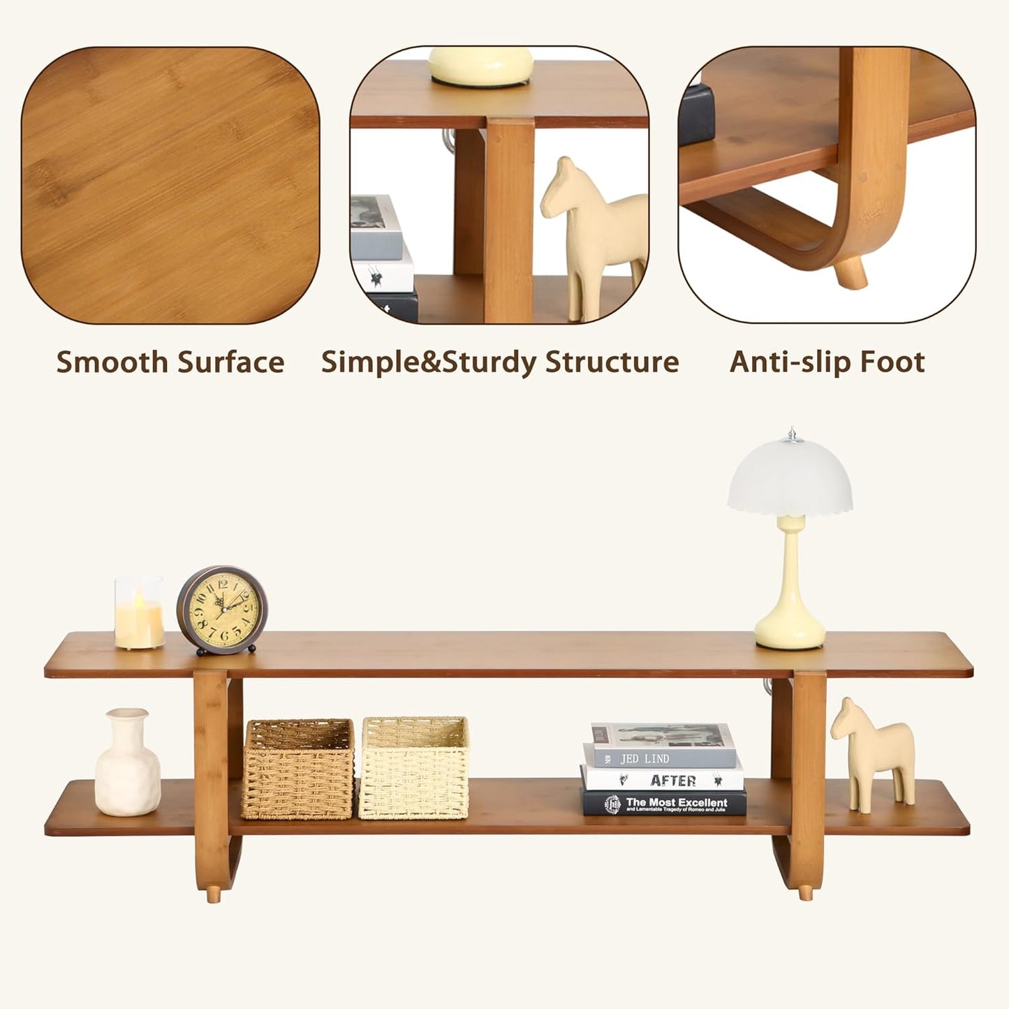 Bamboo TV Stand for Tvs up to 65", Media TV Console Table with Storage, Accent Entertainment Center with Shelf, Modern TV Stand for Living Room, Bedroom, 55"(L), Walnut