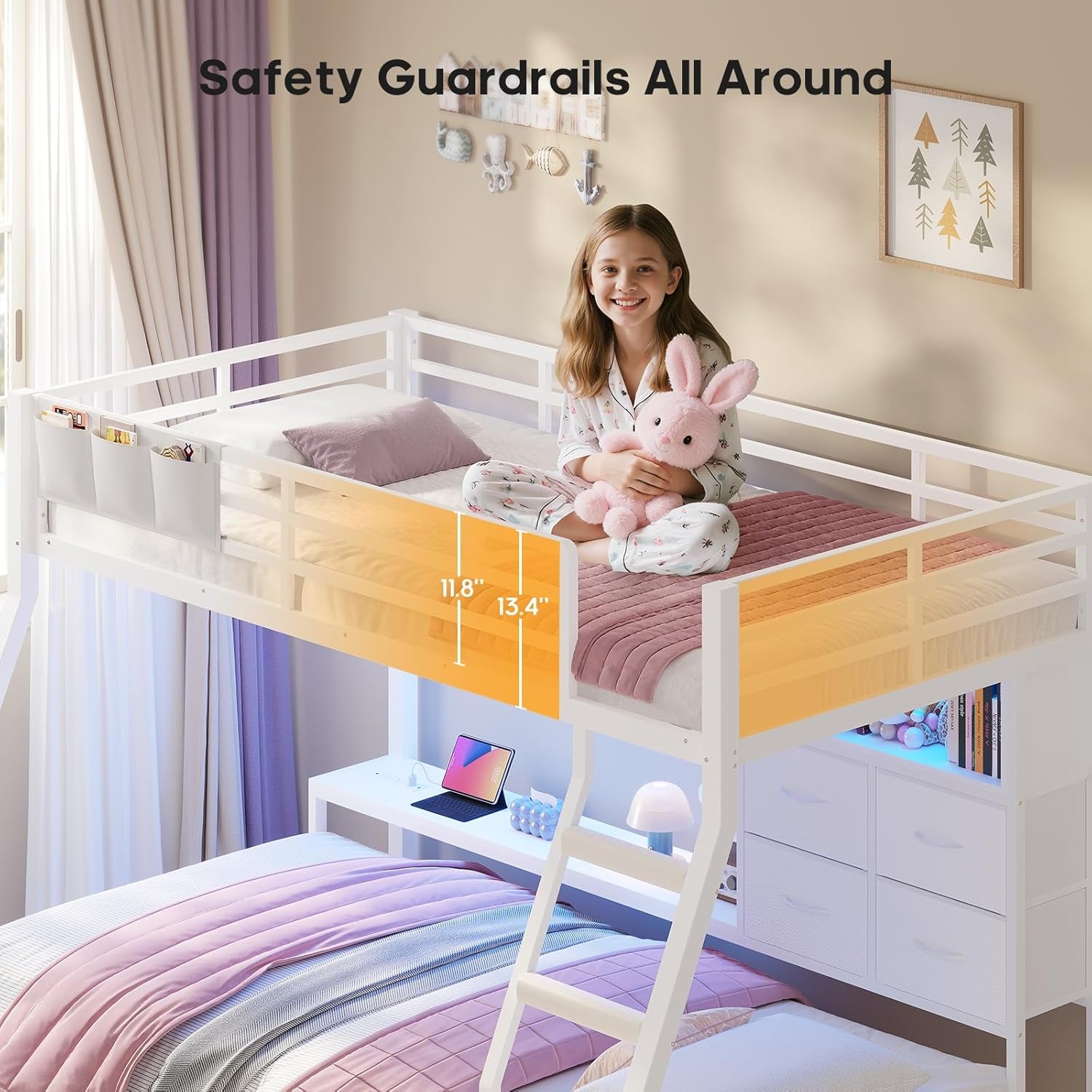 Bunk Bed Twin over Twin with 4 Storage Drawers & Shelves & Bedside Caddy, Twin Bunk Beds with Charging Station & Led Lights, Metal Bunk Bed with Safety Guardrail & Angled Ladder for Kids, White