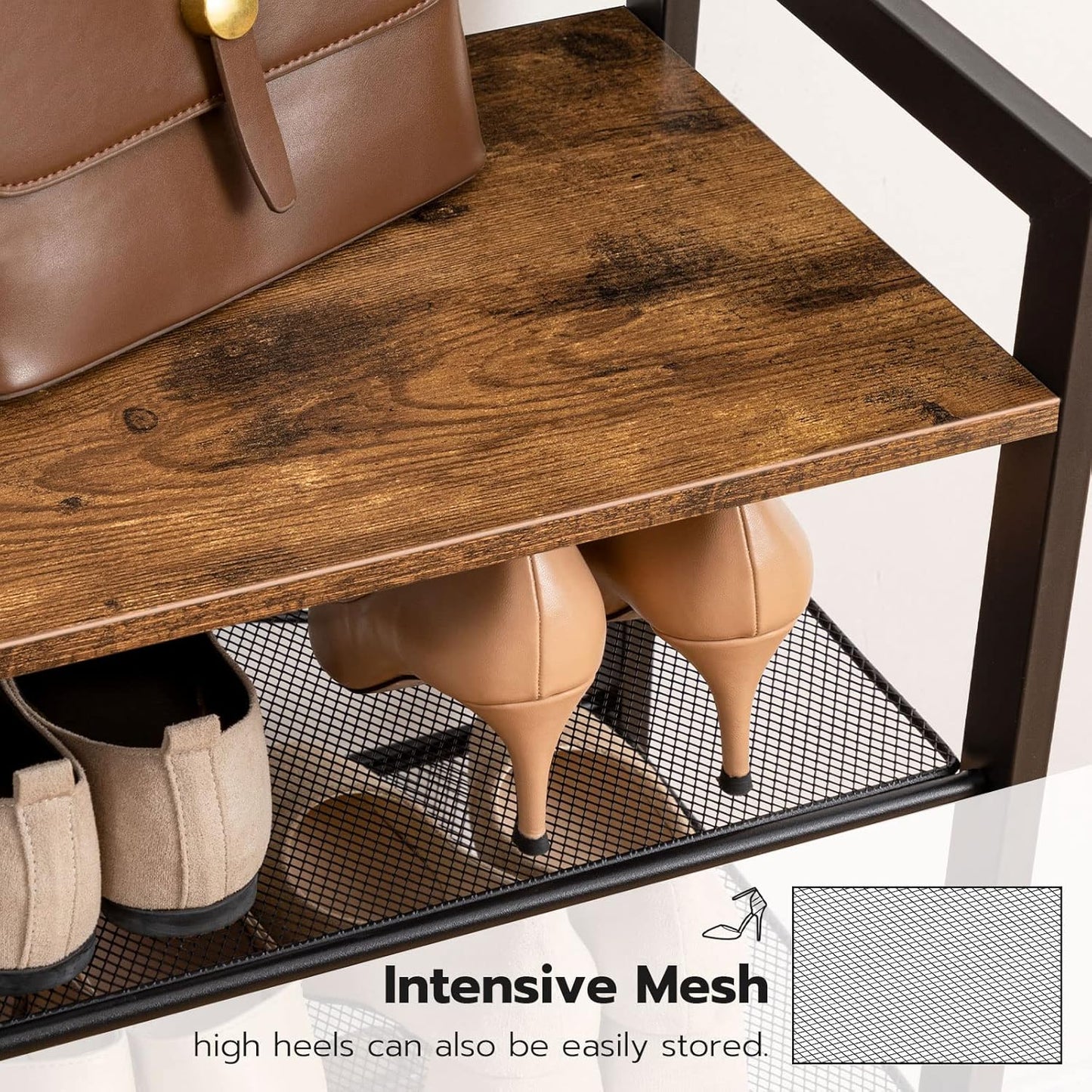 Hall Tree with Bench, Coat Rack with Shoe Storage, Shoe and Coat Rack, 5-Tier Entryway Shoe Storage, 5 Hooks, for 12-16 Pairs, Industrial, Hallway, Foyer, Mudroom, Rustic Brown BF74MT01