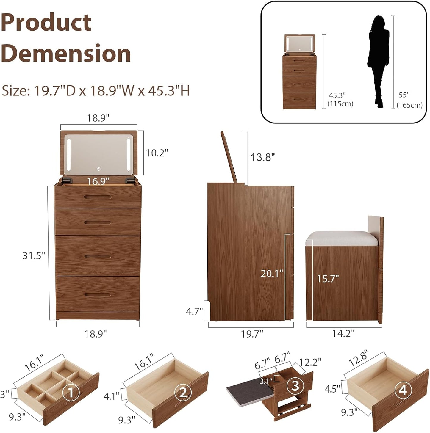 Solid Wood 3 in 1 Vanity Desk with Flip Top Mirror, No Assembly, Compact Vanity with Hidden Chair, Small Makeup Vanity Set with Power Outlet, Dressing Table for Bedroom, Walnut