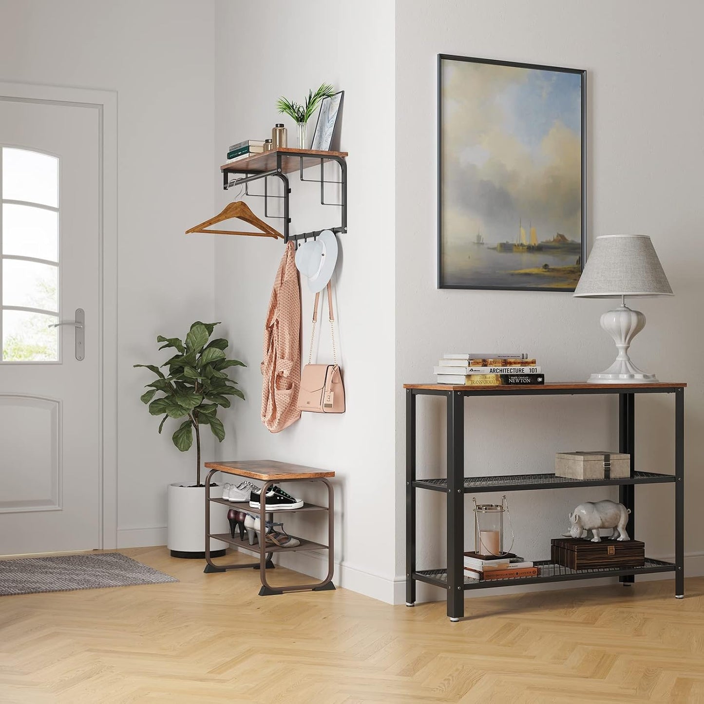 Shoe Bench Rack, 3-Tier Storage Shelf for Entryway Hallway Living Room, Industrial Accent Furniture with Steel Frame, 11.8 X 26.0 X 17.7 Inches, Rustic Brown