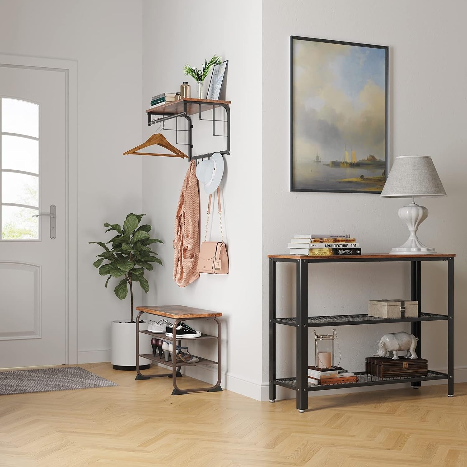 Shoe Bench Rack, 3-Tier Storage Shelf for Entryway Hallway Living Room, Industrial Accent Furniture with Steel Frame, 11.8 X 26.0 X 17.7 Inches, Rustic Brown