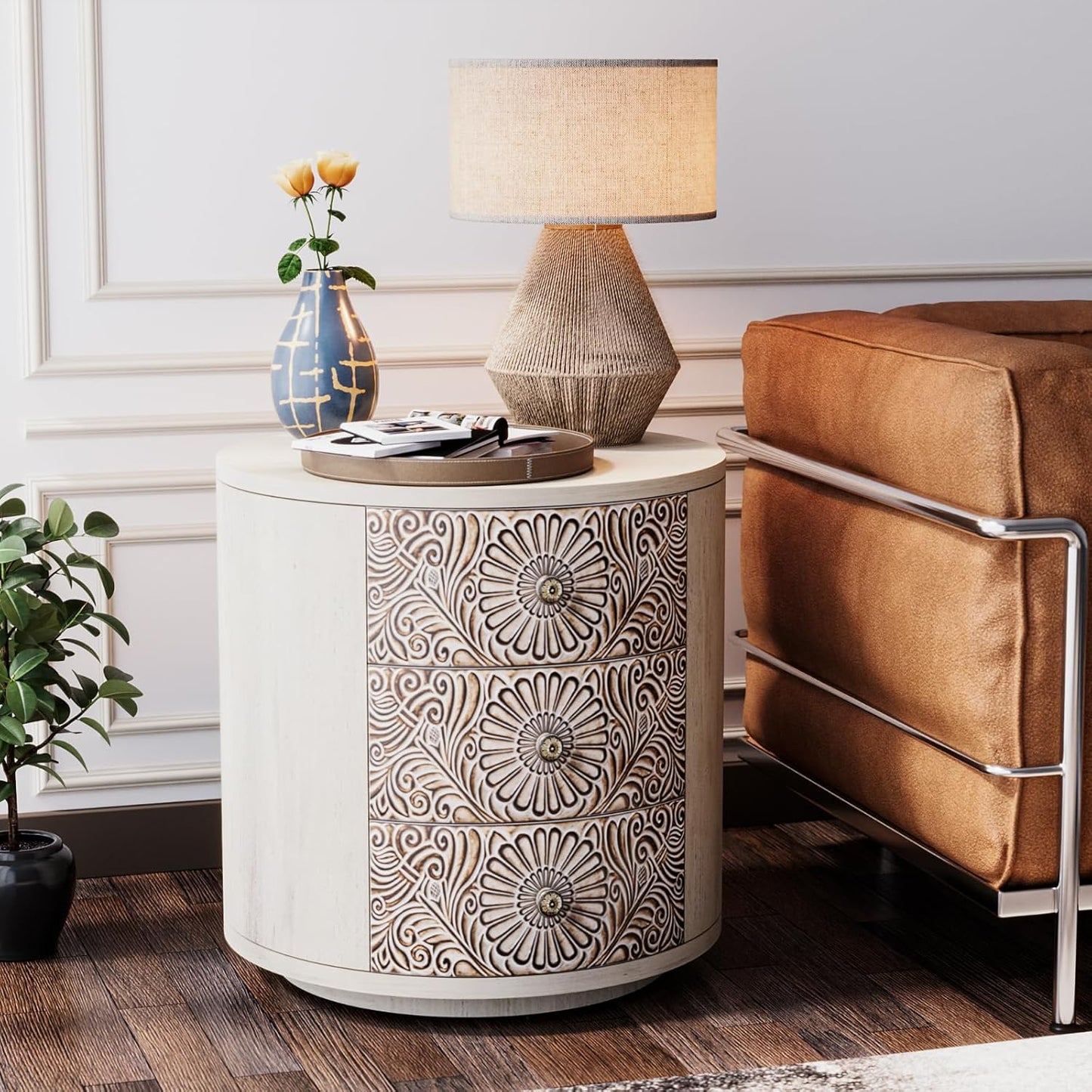 End Table Living Room Small Side Table W 3 Drawers, Vintage Bedside Table, Elegant Nightstand Small Dresser for Bedroom, Lightweight MDF Accent Table (Floral Texture)