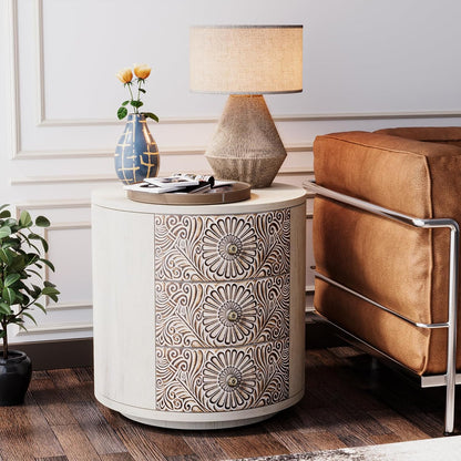End Table Living Room Small Side Table W 3 Drawers, Vintage Bedside Table, Elegant Nightstand Small Dresser for Bedroom, Lightweight MDF Accent Table (Floral Texture)