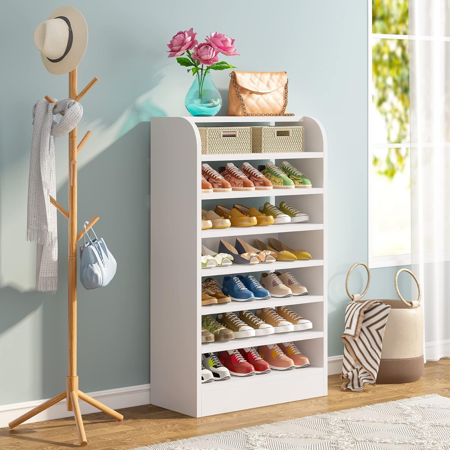 Shoe Rack, 8-Tier Tall Shoe Shelf, Wooden Shoe Storage Cabinet, White