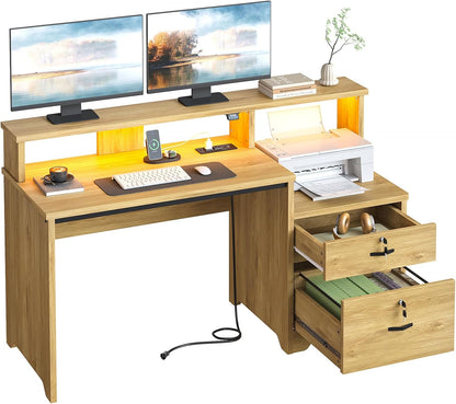 55" Computer Desk with Power Outlets & LED Lights, Home Office Desk with Lockable File Drawer & Printer Shelf, Monitor Stand, Modern Workstation for Gaming Study, Natural Oak