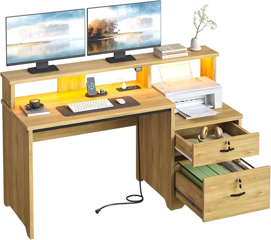 55" Computer Desk with Power Outlets & LED Lights, Home Office Desk with Lockable File Drawer & Printer Shelf, Monitor Stand, Modern Workstation for Gaming Study, Natural Oak