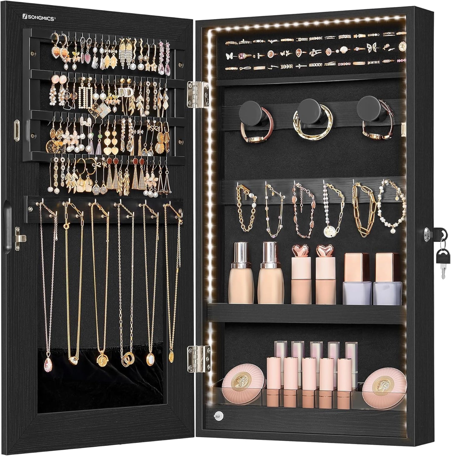 Mirror Jewelry Cabinet Armoire with Built-In LED Lights, Wall or Door Mounted Jewelry Storage Organizer, 3.8 X 14.6 X 26.4 Inches Hanging Mirror Cabinet, Gift Idea, White UJJC050W01