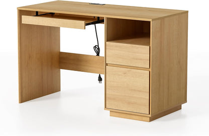 47" Executive Desk with File Drawer, Farmhouse Computer Desk with Charging Station and Open Storage Compartment Wooden Home Office Desk for Writing Study Working, Natural Oak