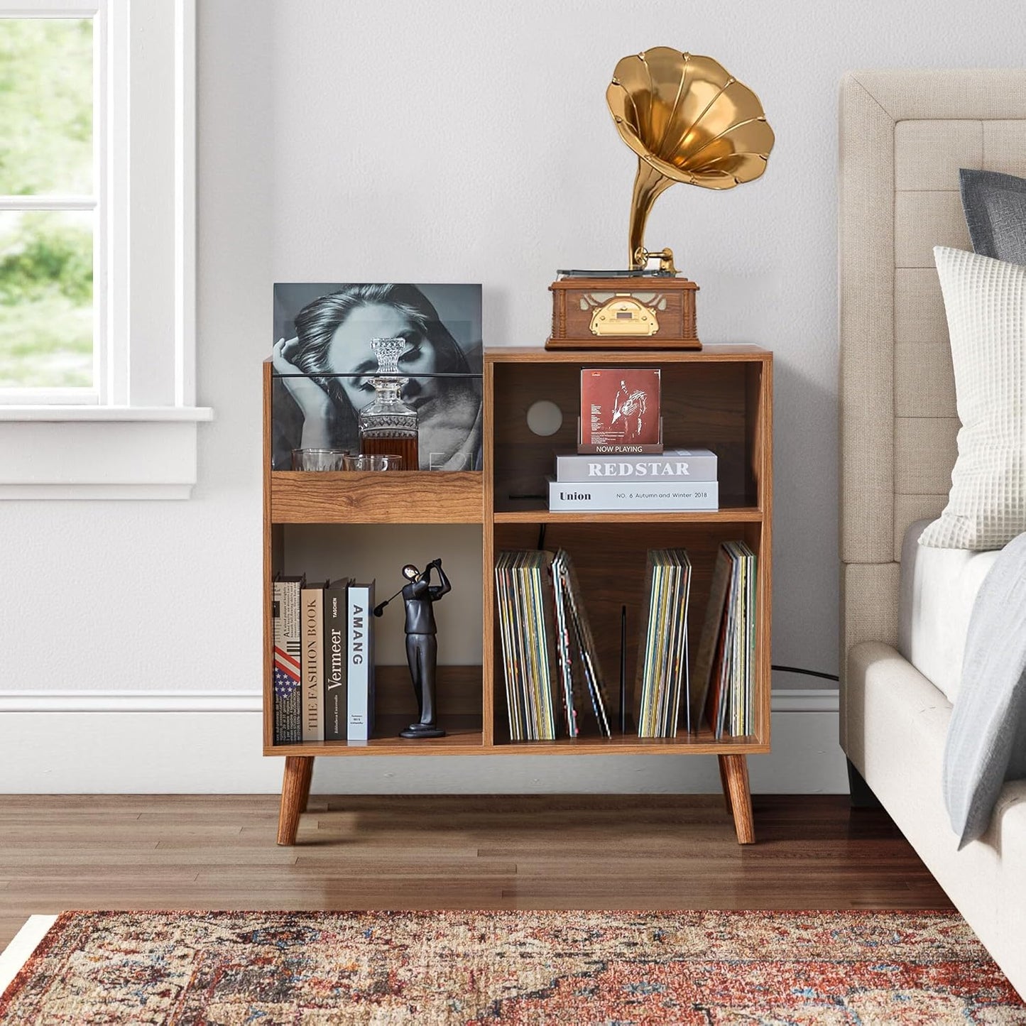 Mid-Century Vinyl Storage Cabinet Table with Solid Wood Legs, Turntable Stand with Power Outlet Holds up to 200 Albums, Record Player Holder Display Shelf, End Table for Bedroom Living Room