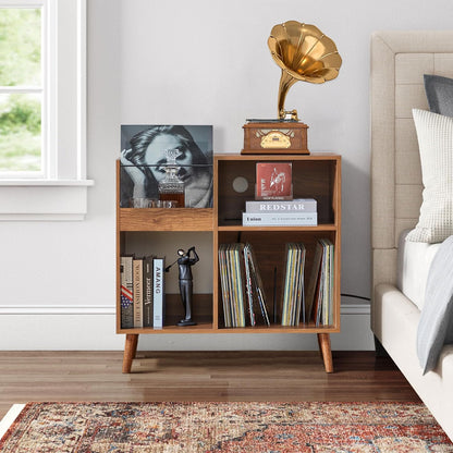 Mid-Century Vinyl Storage Cabinet Table with Solid Wood Legs, Turntable Stand with Power Outlet Holds up to 200 Albums, Record Player Holder Display Shelf, End Table for Bedroom Living Room