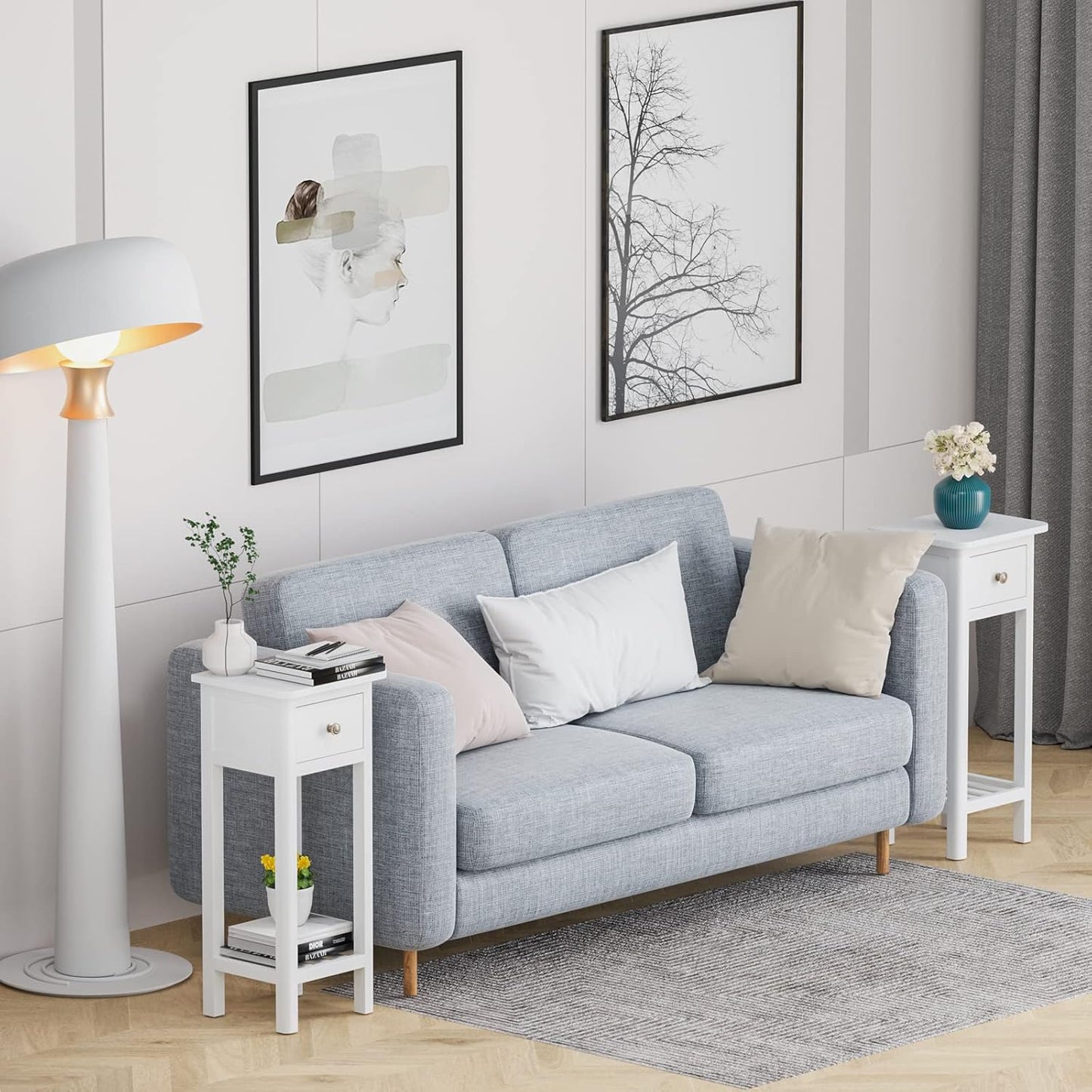 Tall End Table, Narrow Side Table with Drawer and Shelf, Acacia Wood Nightstand for Living Room, 2-Tier Bedside Table for Small Space, No Assembly, White