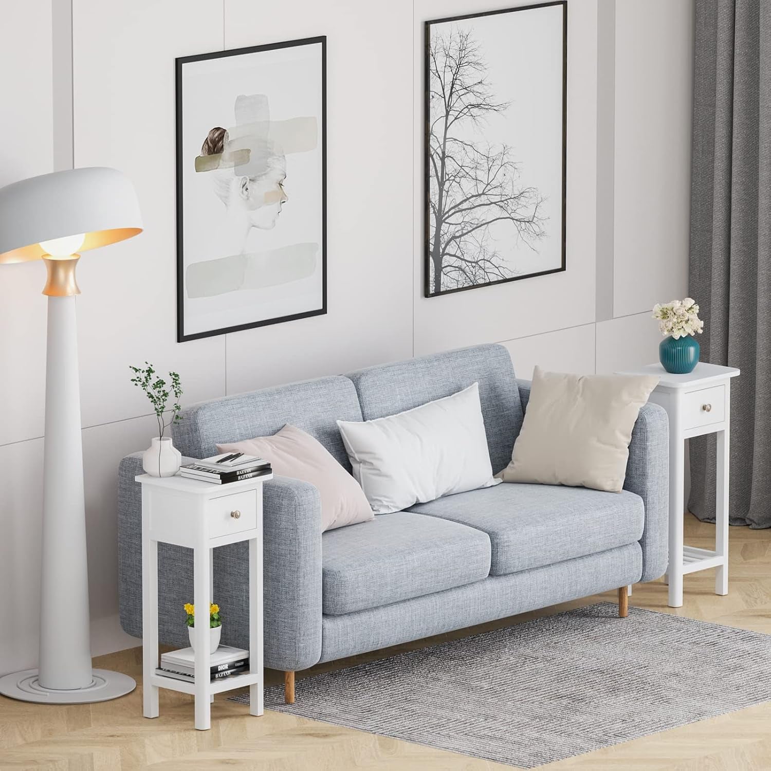 Tall End Table, Narrow Side Table with Drawer and Shelf, Acacia Wood Nightstand for Living Room, 2-Tier Bedside Table for Small Space, No Assembly, White