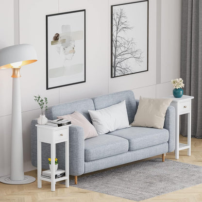 Tall End Table, Narrow Side Table with Drawer and Shelf, Acacia Wood Nightstand for Living Room, 2-Tier Bedside Table for Small Space, No Assembly, White