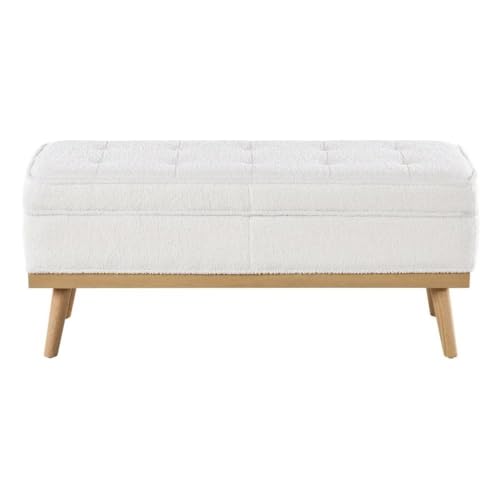 Mid-Century Modern Storage Bench, Ivory Sherpa Upholstery, Solid Wood Tapered Legs, 43.5W x 17D x 18.5H, Button Tufted, Soft-Close Hinged Top, Entryway, Living Room, or Bedroom
