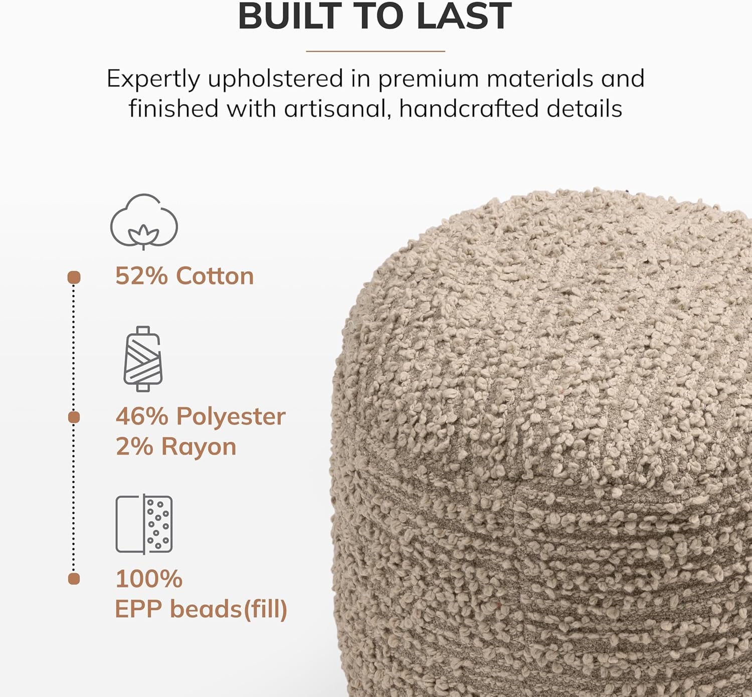 Artisan Crafted Cotton Blend Pouf Ottoman | Versatile Floor Seating & Footstool for Living Room | Modern Boho Home Décor Accent | Filled Pouffe