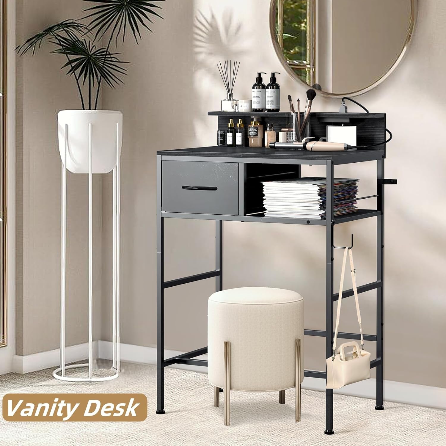 Makeup Vanity Desk without Mirror, Small Vanity Table with Fabric Drawers and Charging Station for Girls Bedroom, Simple Home Office Computer Desk for Small Spaces, Black