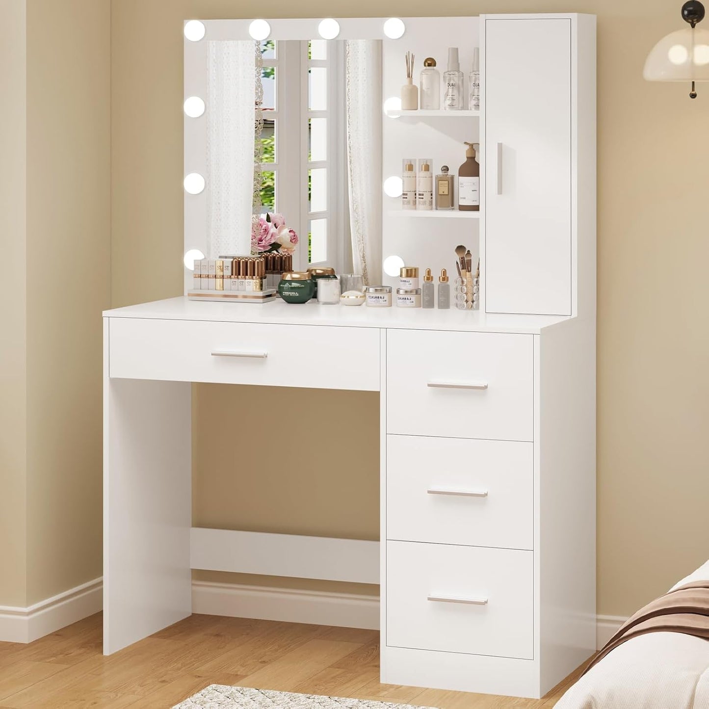 Makeup Vanity with Lights, Vanity Desk with Mirror and 10 LED Lights, Vanity Table Set with 4 Drawers, Cabinet & 4 Necklace Hooks, Dressing Table for Bedroom, White