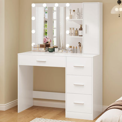 Makeup Vanity with Lights, Vanity Desk with Mirror and 10 LED Lights, Vanity Table Set with 4 Drawers, Cabinet & 4 Necklace Hooks, Dressing Table for Bedroom, White