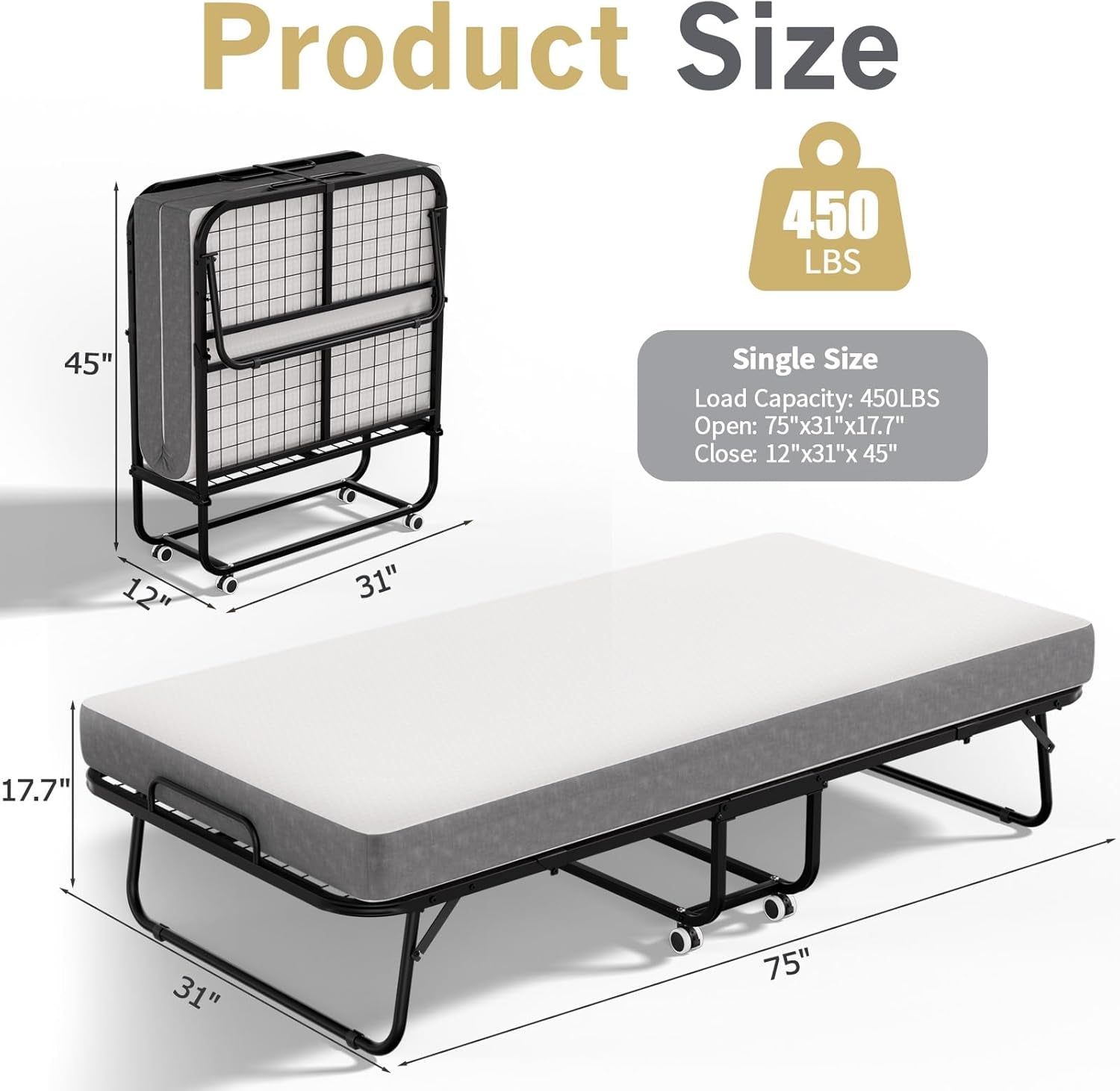 Folding Bed with Mattress for Adults, Portable Foldable Twin Beds with 5-Inch Memory Foam Mattress & Sturdy Metal Frame, Rollaway Bed Space-Saving Easy Storage,75"X 38"