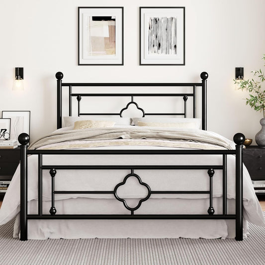 14 Inches Queen Size Metal Platform Bed Frame/Vintage Iron-Art Headboard and Footboard/Mattress Foundation for Storage/No Box Spring Needed/Noise-Free/Easy Assembly/Black