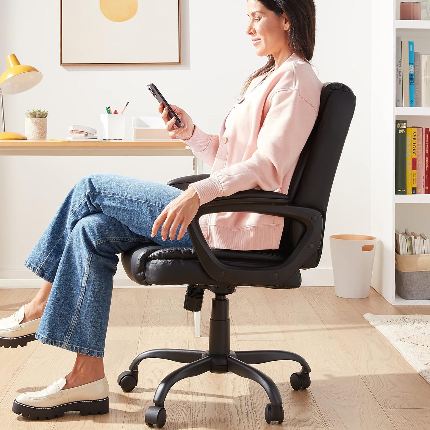 Classic Puresoft PU Padded Mid-Back Office Desk Chair with Armrest, Easy Assembly, Sturdy Metal Base, Wheels, 275Lb Support, 26"D X 23.75"W X 42"H, Black