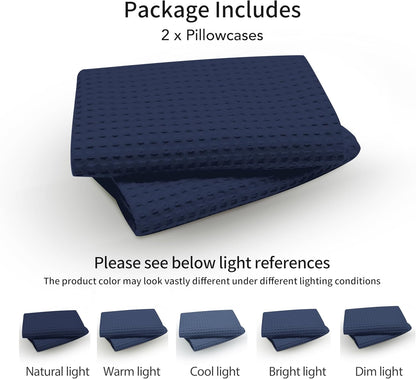 Waffle Weave Pillowcases King Size 2 Pack, 100% Egyptian Cotton 600 Thread Count, Ultra Soft Pillow Shams with Envelope Closure, Breathable Skin-Friendly Pillow Case, Navy Blue, 20X36 Inches
