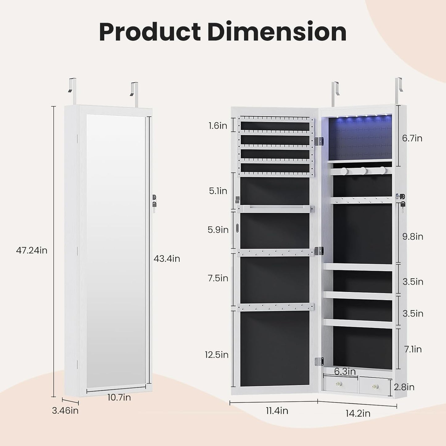 6 Leds Jewelry Cabinet Organizer, 47.2-Inch Jewelry Armoire with Full-Length Mirror, Wall or Door Mounted Jewelry Storage, Lockable Large Capacity Storage, White