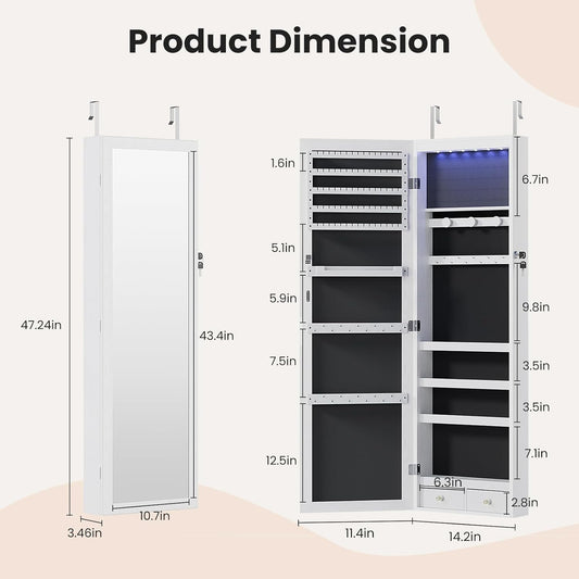 6 Leds Jewelry Cabinet Organizer, 47.2-Inch Jewelry Armoire with Full-Length Mirror, Wall or Door Mounted Jewelry Storage, Lockable Large Capacity Storage, White