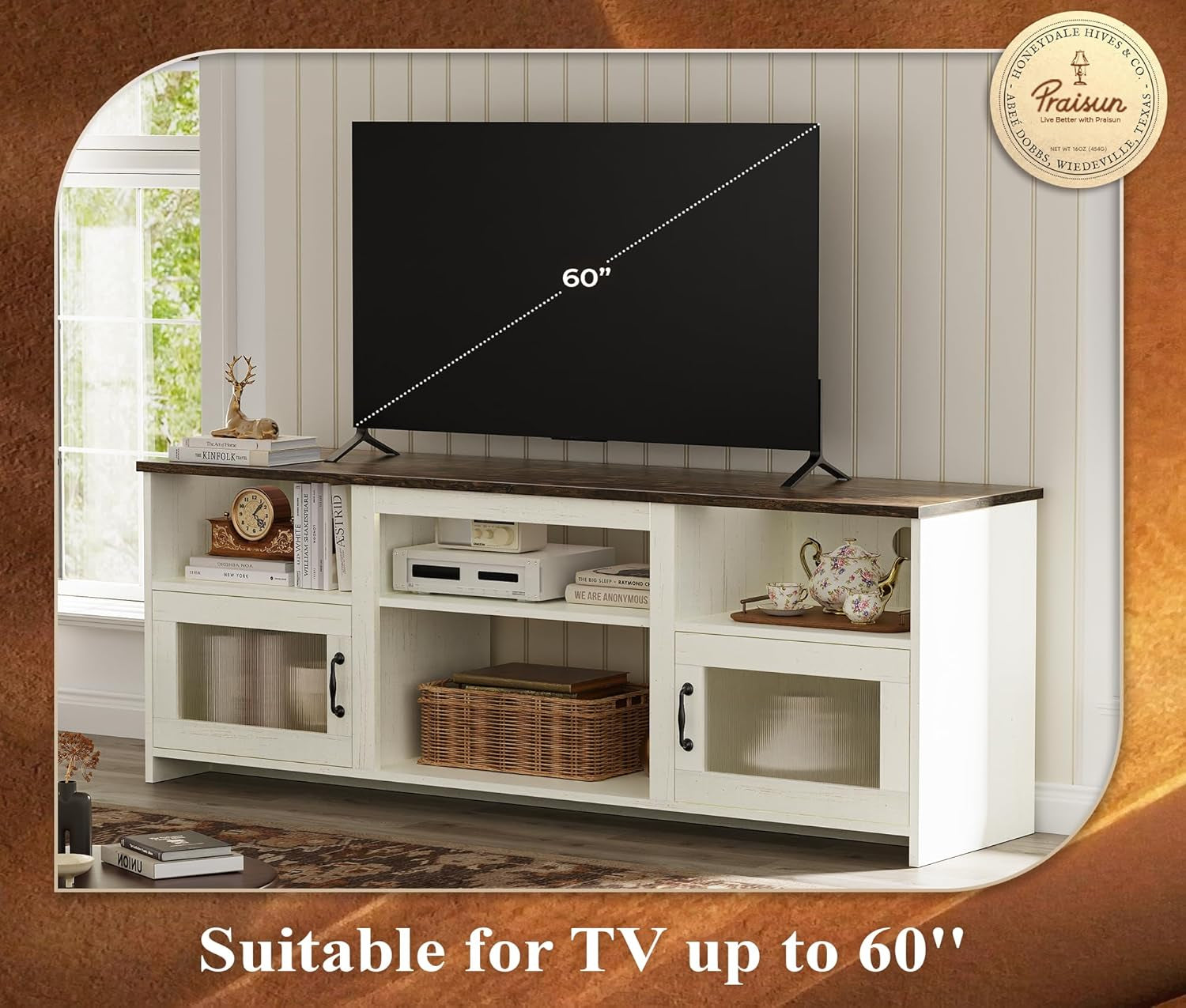 TV Stand for 60 Inch TV, TV Console Cabinet with Power Outlets and LED Lights, 54 Inch Entertainment Center, 2 Acrylic Cabinets, 4 Cable Holes, Open Shelves, for Living Room, Distressed White