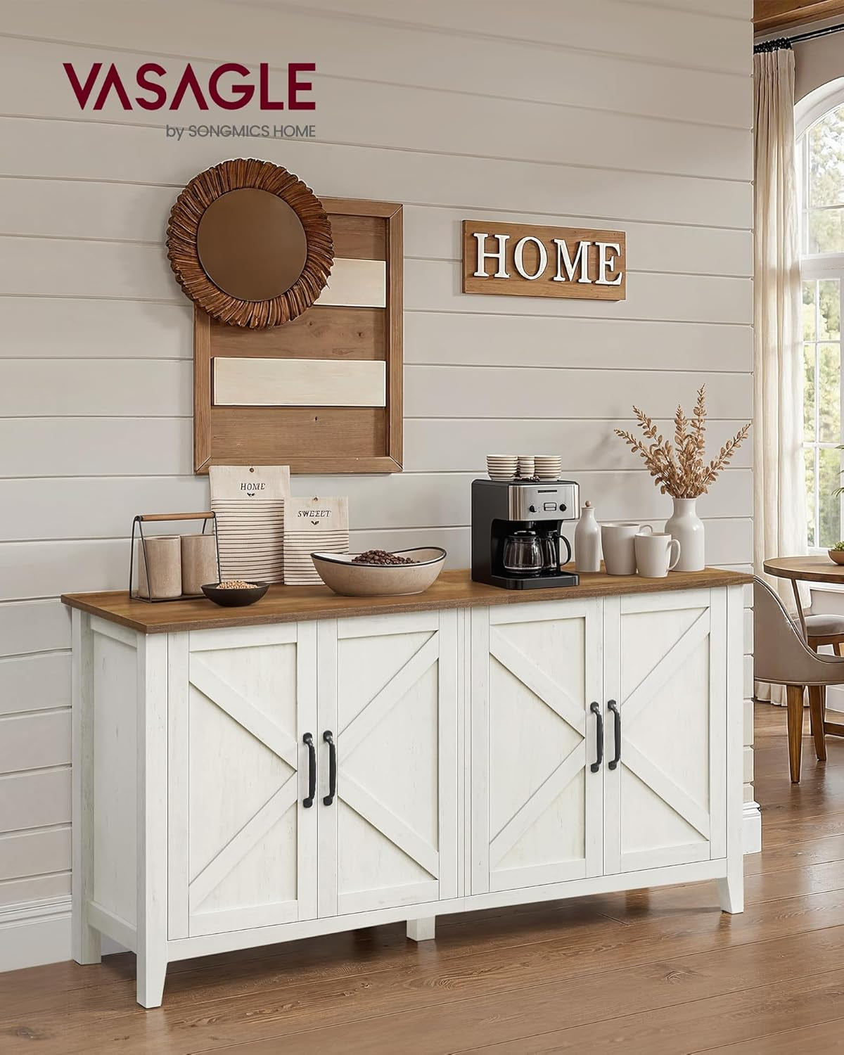 LIRY Collection - Storage Cabinet, Buffet Cabinet, Sideboard, Credenza, with Adjustable Shelves, for Living Room, Entryway, Rustic White and Honey Brown ULSC381W01