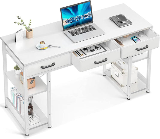 Office Small Computer Desk: Home Table with Fabric Drawers & Storage Shelves, Modern Writing Desk, White, 48"X16"