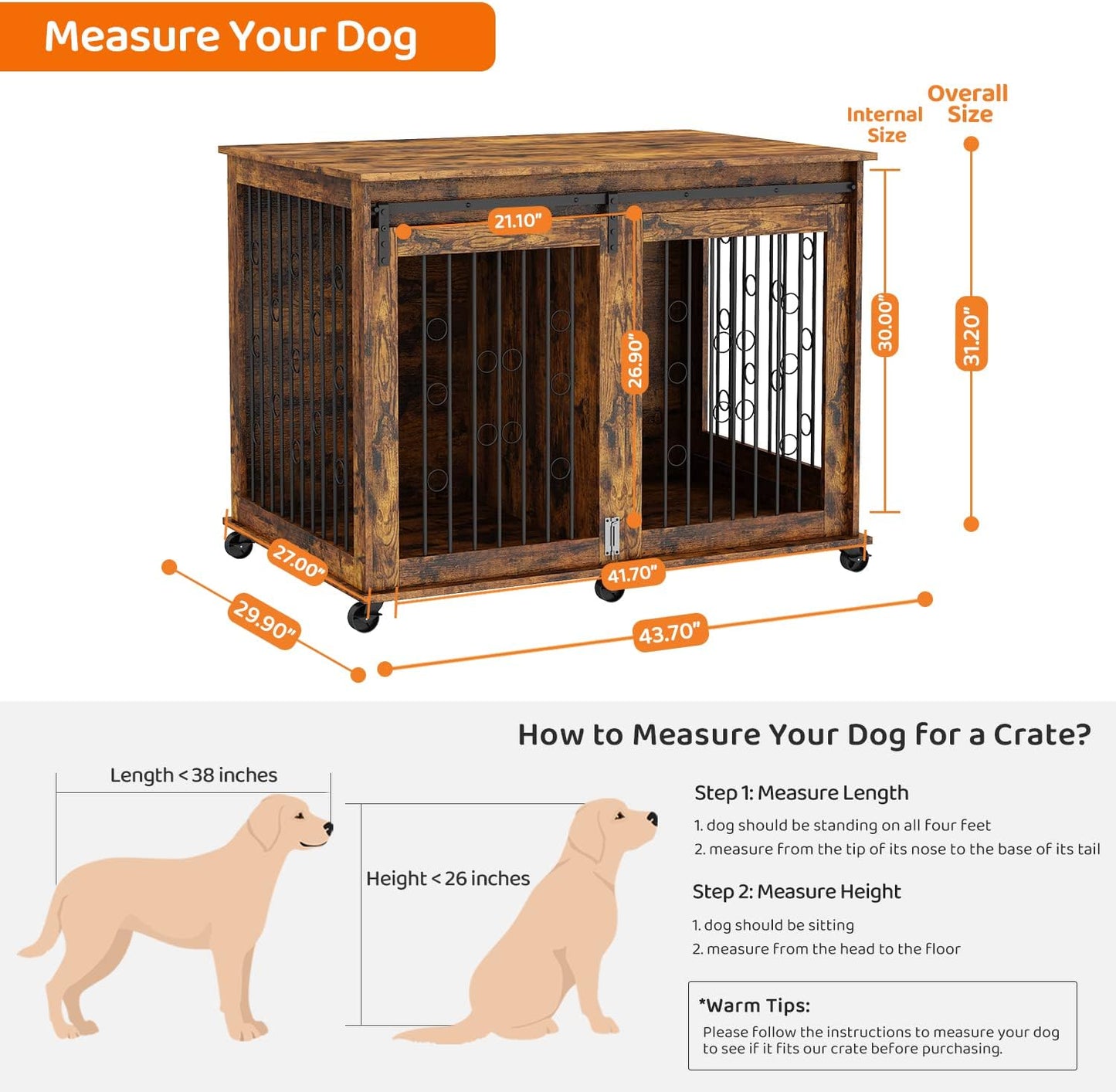 Large Dog Crate Furniture with Sliding Barn Door, 43.7" Wooden Dog Kennel End Table with Wheels and Flip-Top Plate Dog House with Detachable Divider for Small/Medium/Large Dog (Rustic Brown)