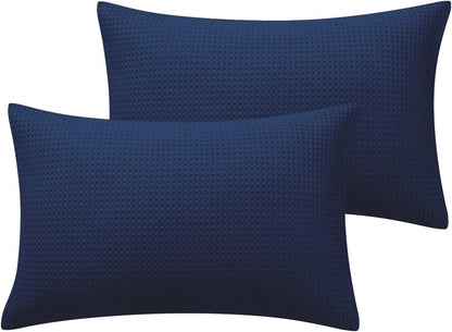 100% Cotton Waffle Weave Pillow Shams Set of 2, 600TC Solid Reverse Side, Envelope Closure, Skin-Friendly & Durable Decorative Pillow Covers for Bed, Navy Blue, King Size 20"X36"