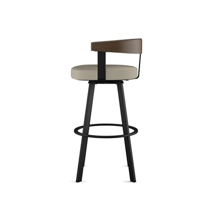 Lars 26" Swivel Counter Height Barstool, Upholstered Stool with Solid Wood Back and Arms for Kitchen Island or Bar, Drees Stool, Greige Faux Leather/Brown Wood/Black Metal