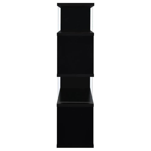 4-Shelf Contemporary Wood Bookcase, Black Finish, Glass Side Panels, Zigzag Design, 63 in H x 35.5 in W x 15.5 in D, Modern Storage for Home Office or Living Room