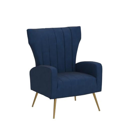 Modern Velvet Accent Chair, Channel Tufted Bedroom, Office or Living Room Furniture with Elegant Metal Legs, 26" Wide Armchair, Blue