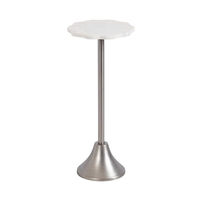 Sanzo Modern Pedestal Drink Table; 10 x 10 x 23; White Marble and Silver; Decorative End Table with Scalloped Marble Tabletop for Use as Small Plant Stand or Cute Martini Table