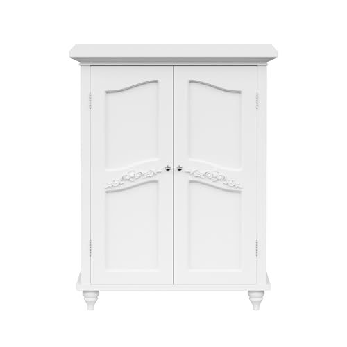 Versailles Wooden Freestanding Floor Storage Cabinet with 2 Adjustable Interior Shelves 3 Storage Spaces and 2 Floral Scroll Doors, White