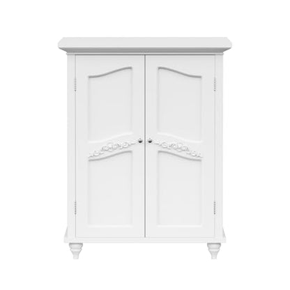 Versailles Wooden Freestanding Floor Storage Cabinet with 2 Adjustable Interior Shelves 3 Storage Spaces and 2 Floral Scroll Doors, White