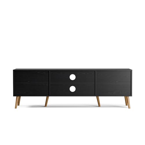 TV Stand with Rattan Doors for TVs up to 65", Mid-Century, Black, view 7