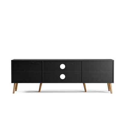 TV Stand with Rattan Doors for TVs up to 65", Mid-Century, Black, view 7