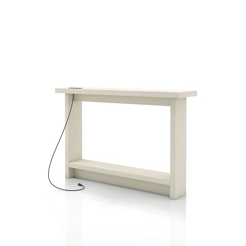 Elvis 32 inch Modern Wooden Console Table with Charging Station, USB Ports and Shelf, Behind Couch Furniture for Living Room, Entryway, Foyer, Hallway, Office, Soft White